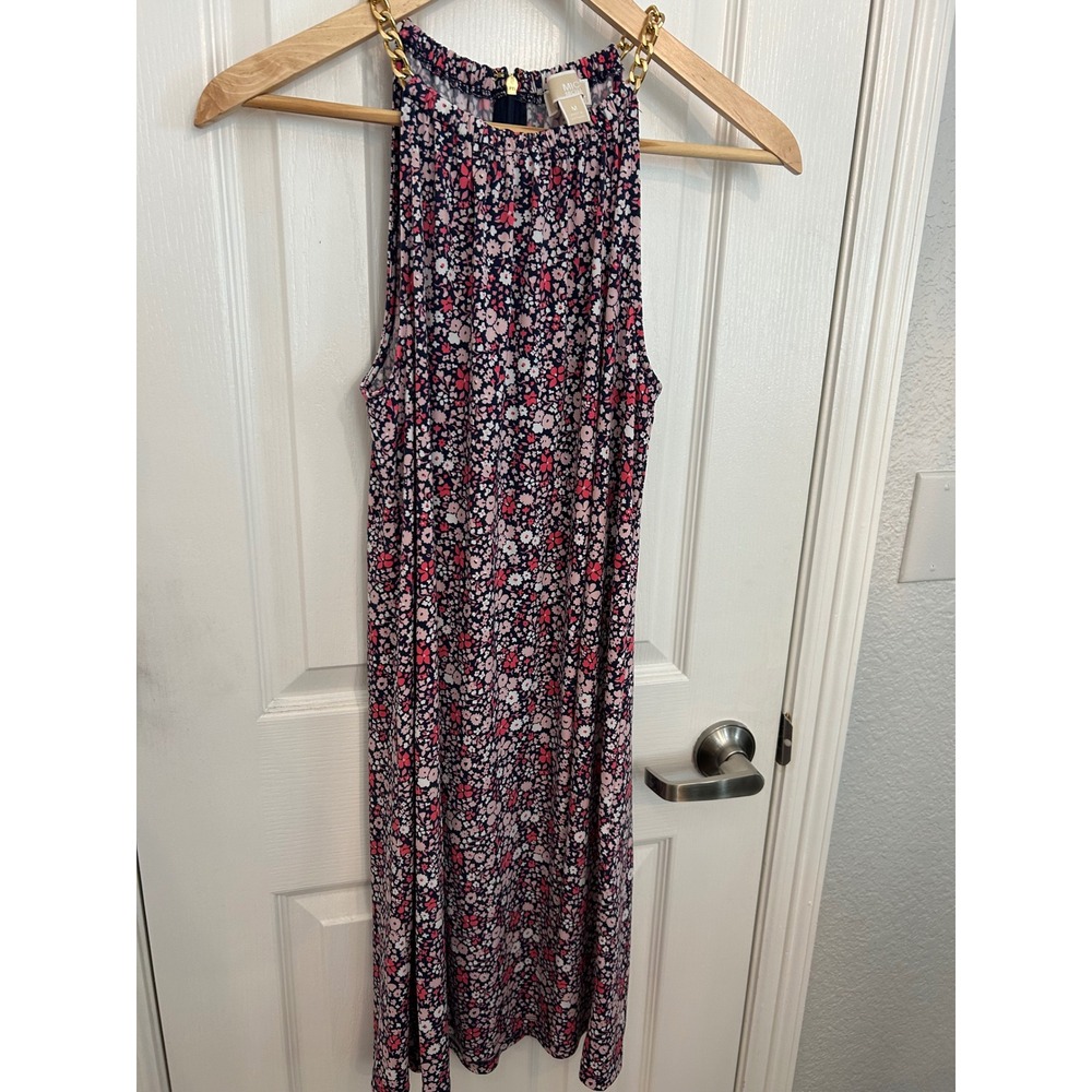 Michael Kors Pink Navy Floral Chain Neck Halter Midi Dress Medium MS18Y607W4